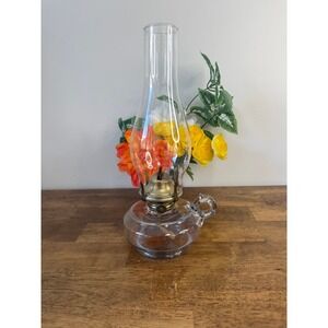 Vintage Uranium Glass Oil Lamp Clear Glass Finger Handle UV Glow Hurricane